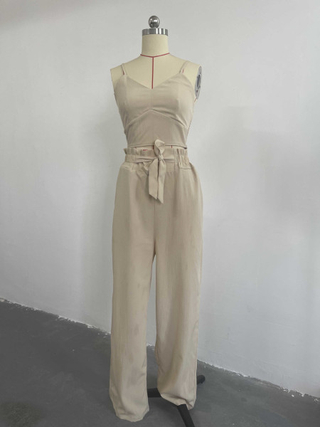 V-neck short vest with lace up high waist patch pocket straight pants casual suit