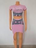 Vintage dark letter printed round neck super short exposed navel short sleeve top high waist irregular skirt two-piece set