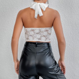 Lace Mesh Cross Neck Top Diamond Fish Bone Tank Top