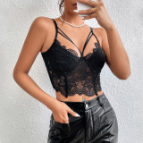Hollow lace eyelash steel ring fishbone short design feel tank top
