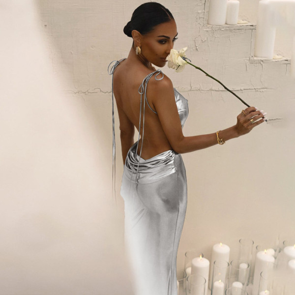 Sexy Open Back Strap Long Dress Pleated Dress