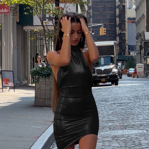 Fashion Hanging Neck Open Back Sexy Spicy Girl Slim Fit Wrap Hip Stamping Dress