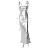 Sexy Open Back Strap Long Dress Pleated Dress