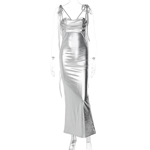 Sexy Open Back Strap Long Dress Pleated Dress