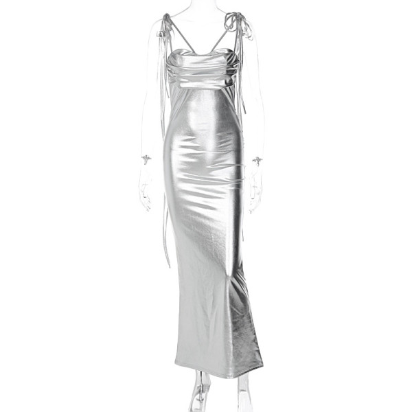 Sexy Open Back Strap Long Dress Pleated Dress