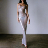 Fashion Spicy Girl Sexy Perspective Mesh Hot Silver Slim Fit Slim Dress