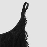 Lace Lace Perspective Deep V Open Back Slim Fit Slim Sexy Strap Bodysuit