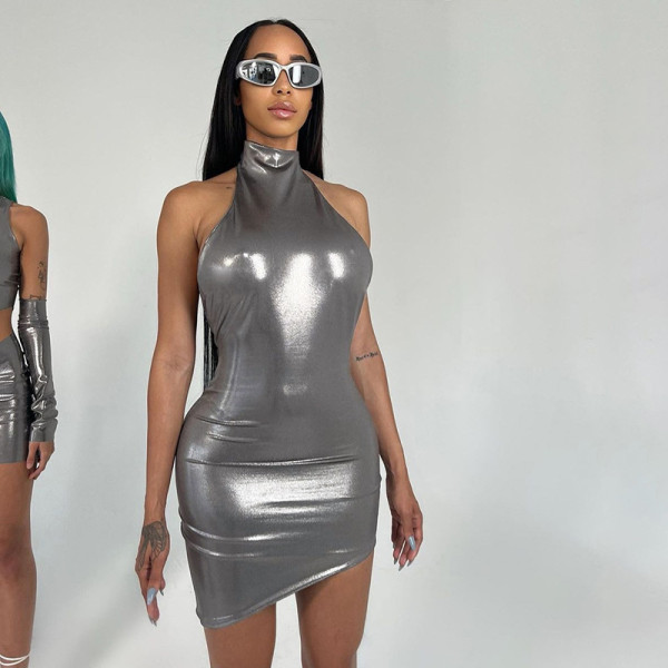 Fashion Hanging Neck Open Back Sexy Spicy Girl Slim Fit Wrap Hip Stamping Dress