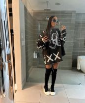 Fashion Women's Collarless Print Graffiti Plush Sweater Dress