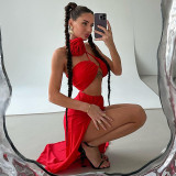 Flower Decorative Lace Wrap Chest Sexy Split Long Dress Two Piece Set
