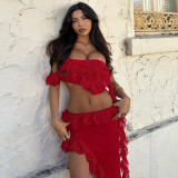 Sexy Wrapped Chest Ruffled Irregular Skirt Set