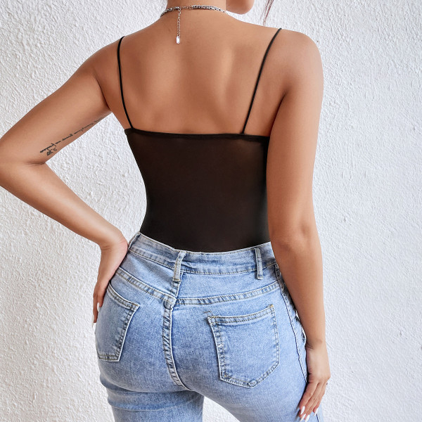 Perspective Mesh Deep V Backing Thin Shoulder Strap Bodysuit