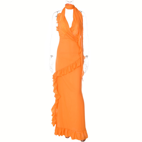 Hanging Neck V-Neck Long Dress Slim Fit Open Back Sexy Pleated Dress