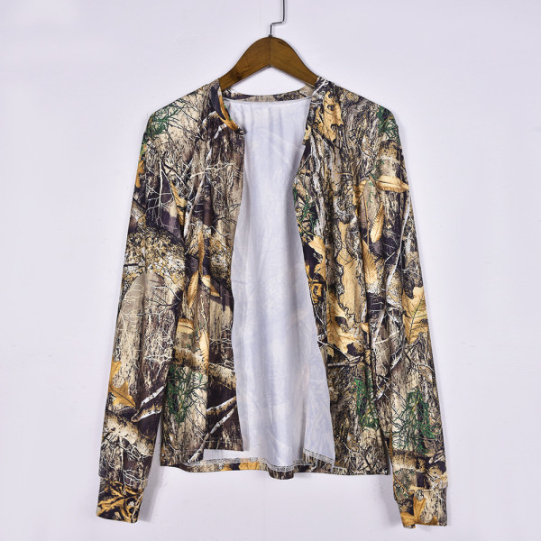 Women's Hollow Lace Open Umbilical Long Sleeve Camo Top T-shirt
