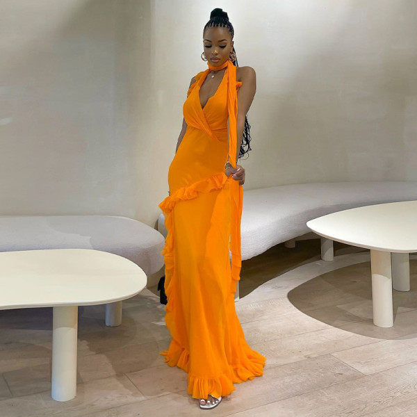 Hanging Neck V-Neck Long Dress Slim Fit Open Back Sexy Pleated Dress