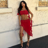 Sexy Wrapped Chest Ruffled Irregular Skirt Set