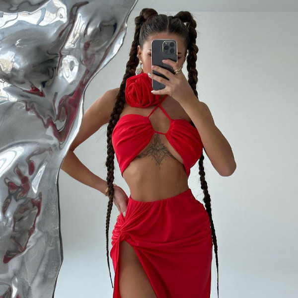 Flower Decorative Lace Wrap Chest Sexy Split Long Dress Two Piece Set