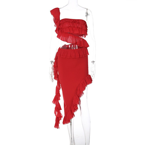 Sexy Wrapped Chest Ruffled Irregular Skirt Set