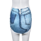 Denim Print Personalized Stretch Wrapped Hip Skirt