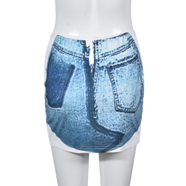 Denim Print Personalized Stretch Wrapped Hip Skirt