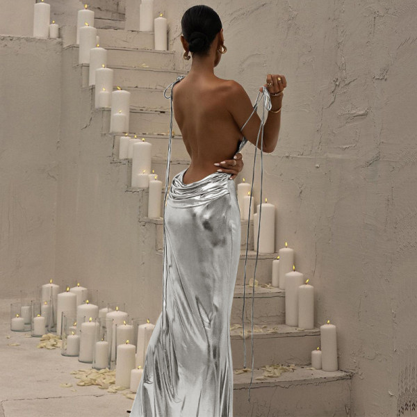 Sexy Open Back Strap Long Dress Pleated Dress