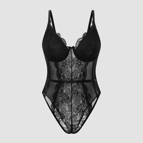 Lace Lace Perspective Deep V Open Back Slim Fit Slim Sexy Strap Bodysuit