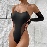 Milk Silk Mesh Panel Off Shoulder Chain Neck Hanger Design Feels Small and Slim One Piece