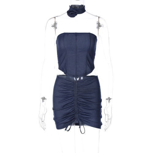 Imitation Denim Slim Fit Wrapped Chest Sexy Wrinkled Half Dress Two Piece Fashion Set