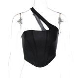Women's Solid Color One Shoulder Tank Top Fashion Fishbone Slim Fit Wrap Chest