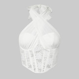 Lace Mesh Cross Neck Top Diamond Fish Bone Tank Top