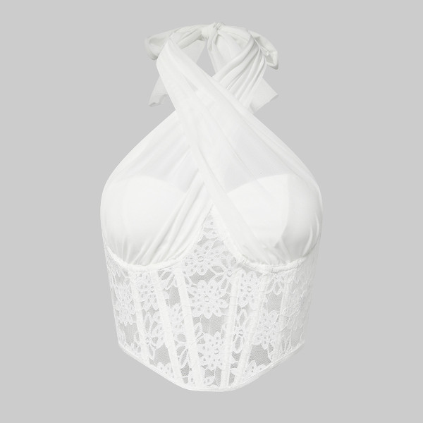 Lace Mesh Cross Neck Top Diamond Fish Bone Tank Top