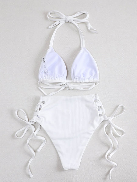 Sexy Solid Color High Waist Split Bikini Women's Summer Swimwear Hanging Neck Triangle Cup Swimwear