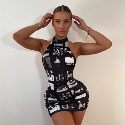 Fashion Hanging Neck Open Back Sexy Spicy Girl Slim Fit Wrap Hip Dress