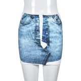 Denim Print Personalized Stretch Wrapped Hip Skirt