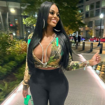 Women's Hollow Lace Open Umbilical Long Sleeve Camo Top T-shirt Women's Hollow Lace Open Umbilical Long Sleeve Camo Top T-shirt