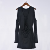 Dress V-neck cut-out mesh sleeve one-step skirt