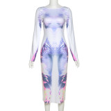 Fashion 3D Body Print Long Sleeve Slim Fit Wrap Hip Dress
