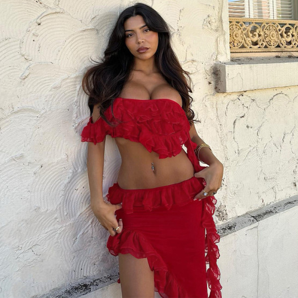 Sexy Wrapped Chest Ruffled Irregular Skirt Set