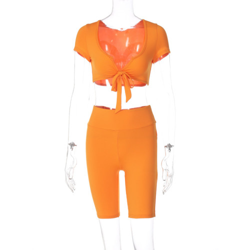 Low Neck Short Sleeve T-shirt Slim Fit Capris Two Piece Fashion Casual Set
