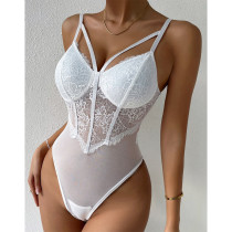 Lace Mesh Perspective Sexy Street Slim Fit Thin Solid Color Bodysuit