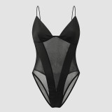 Perspective Mesh Deep V Backing Thin Shoulder Strap Bodysuit