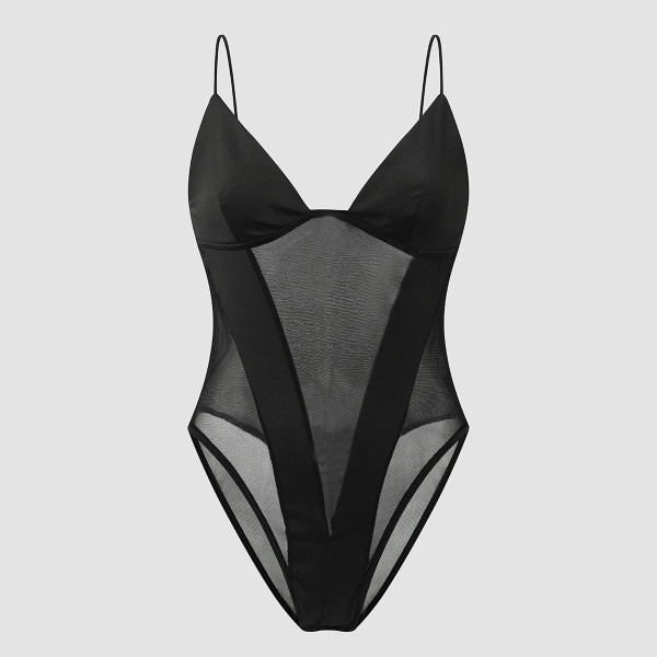 Perspective Mesh Deep V Backing Thin Shoulder Strap Bodysuit