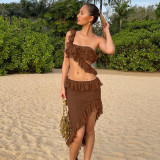 Sexy Wrapped Chest Ruffled Irregular Skirt Set