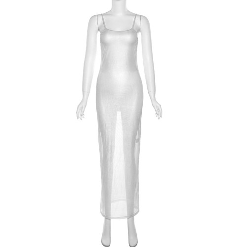 Fashion Spicy Girl Sexy Perspective Mesh Hot Silver Slim Fit Slim Dress