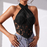 Lace Mesh Cross Neck Top Diamond Fish Bone Tank Top