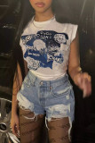 Fashion Brand Women's Round Neck Sleeveless Printed Cotton T-shirt
