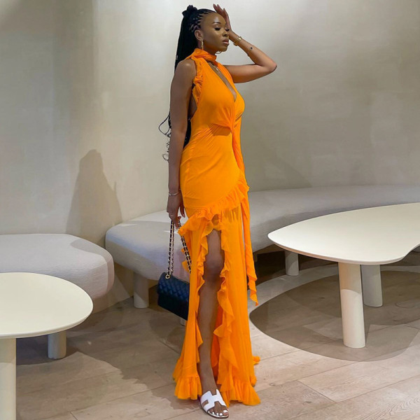 Hanging Neck V-Neck Long Dress Slim Fit Open Back Sexy Pleated Dress