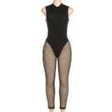 Sexy Perspective Fishing Net Cutout Solid High Waist Tight Casual Jumpsuit