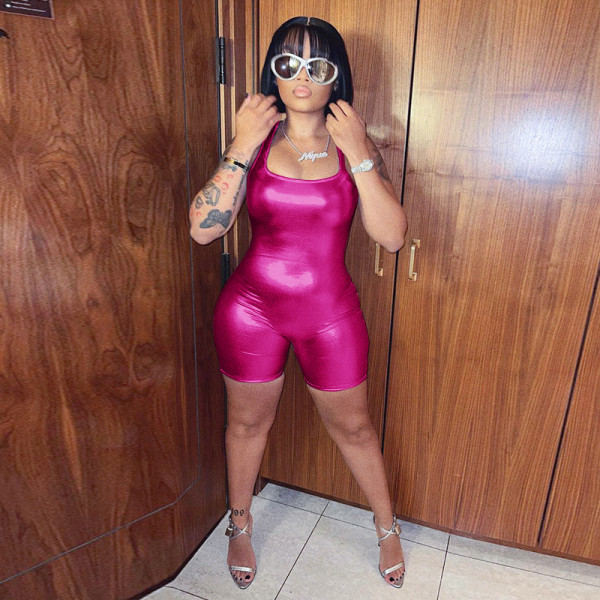 Women's Solid Metallic Sexy Open Back Short Casual Jumpsuit