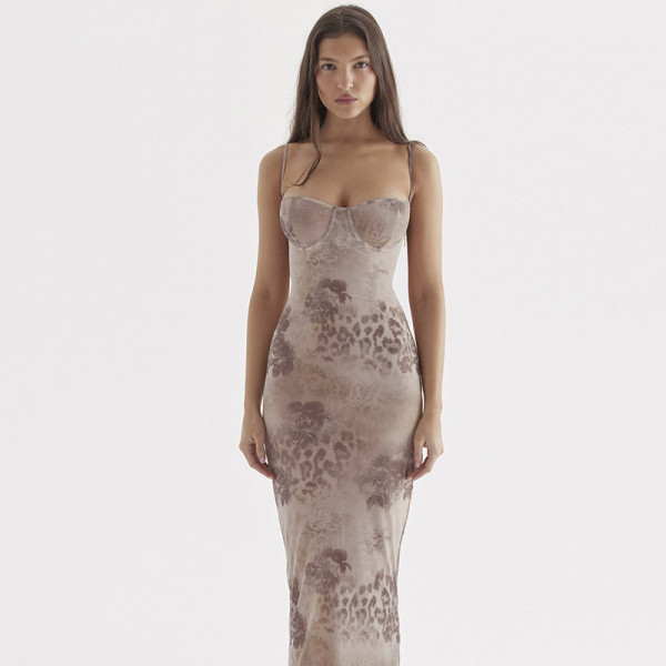 Strap Show Breast Flower Print Long Dress Temperament Slim Fit Waist Dress